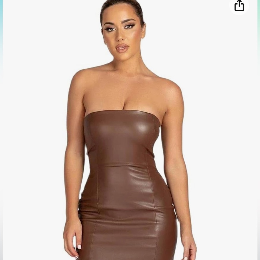 Brown faux leather mini strapless dress